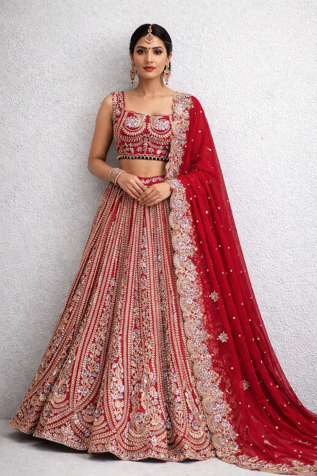 Cherry Crush: Embroidered red semi stitched lehenga