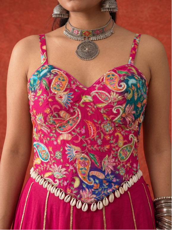 Fuschia Bloom Embroidered Corset & Skirt Set