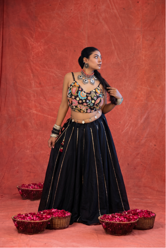 Black Bloom Embroidered Corset & Skirt Set