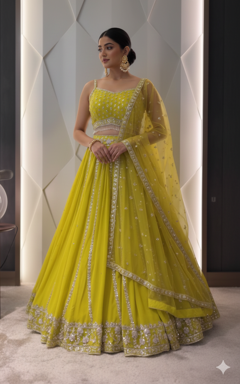 Lime Bloom: Mirrorwork Georgette Lehenga