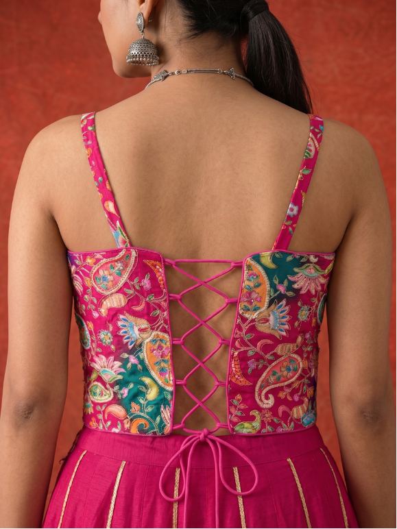 Fuschia Bloom Embroidered Corset & Skirt Set