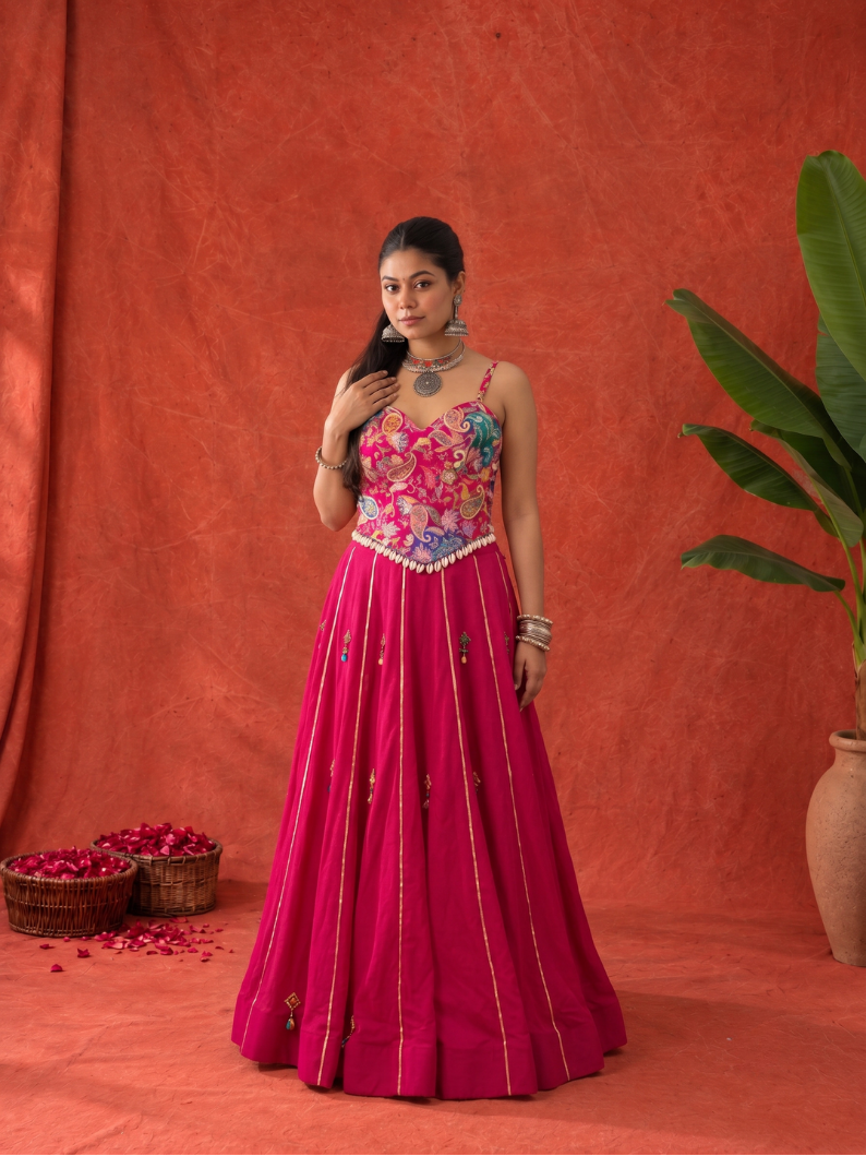 Fuschia Bloom Embroidered Corset & Skirt Set