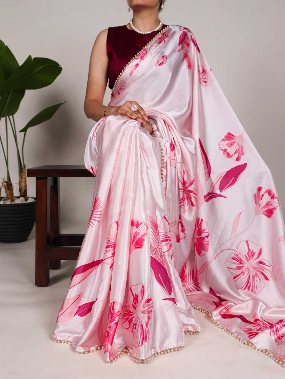 Pearl petals: Delicate satin saree