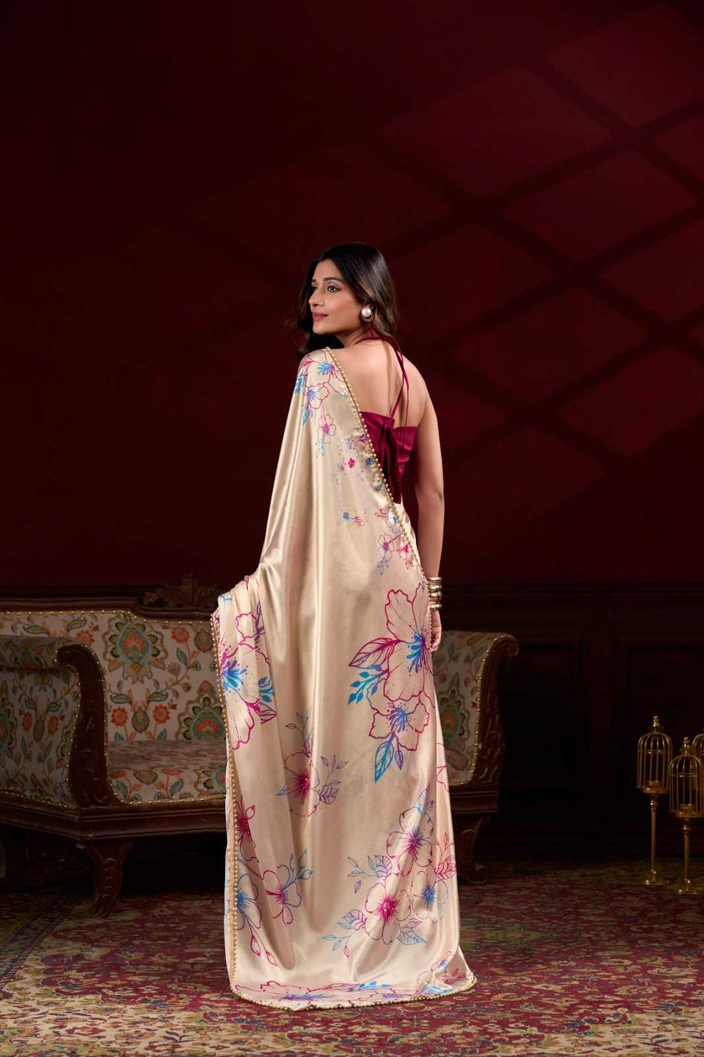 Pearl petals: Delicate satin saree