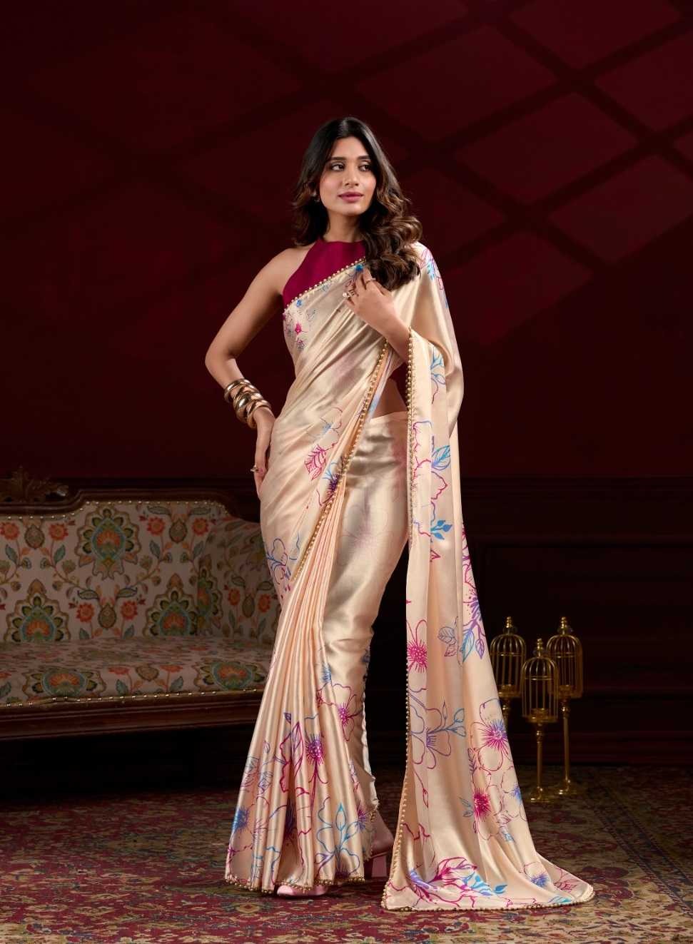 Pearl petals: Delicate satin saree