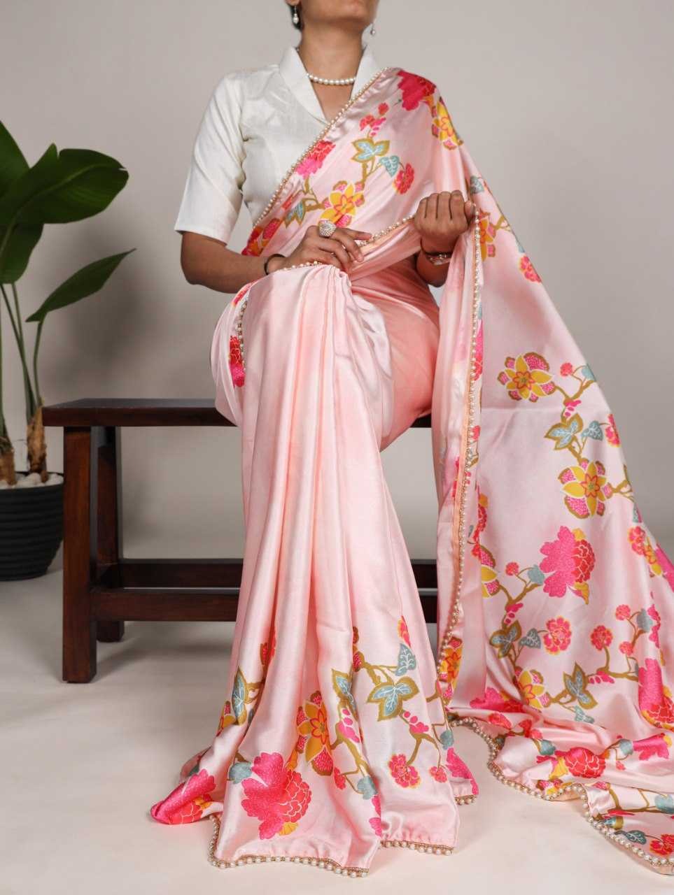 Pearl petals: Delicate satin saree
