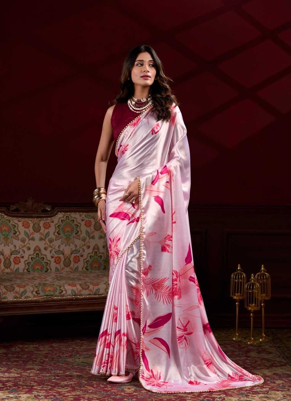Pearl petals: Delicate satin saree