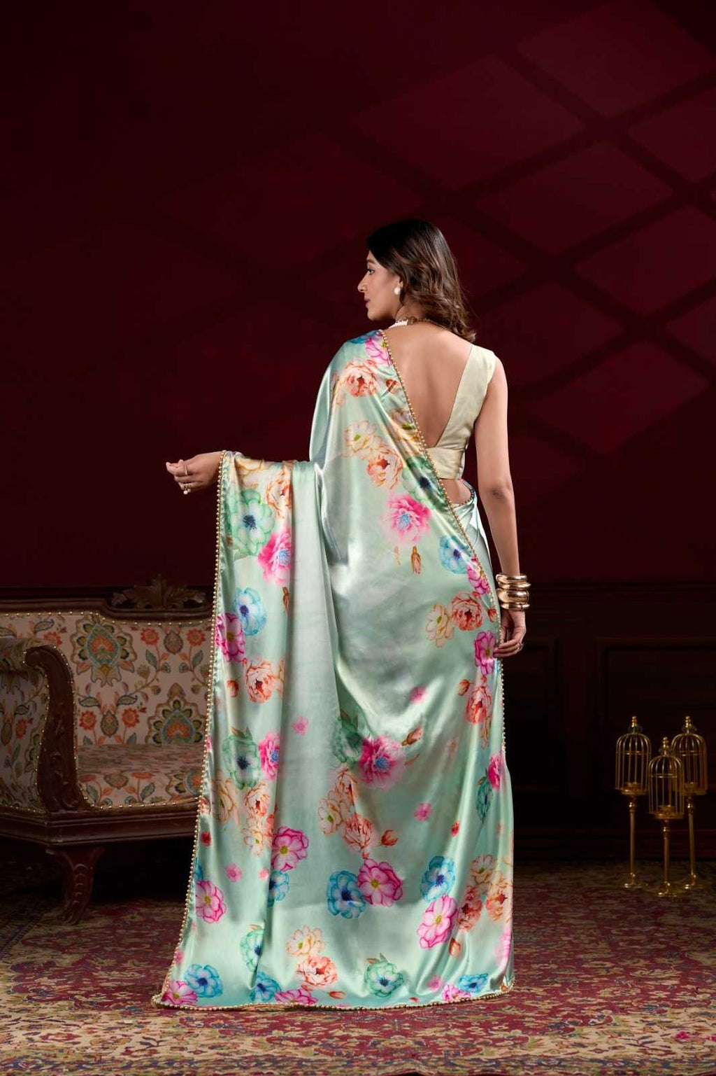 Pearl petals: Delicate satin saree