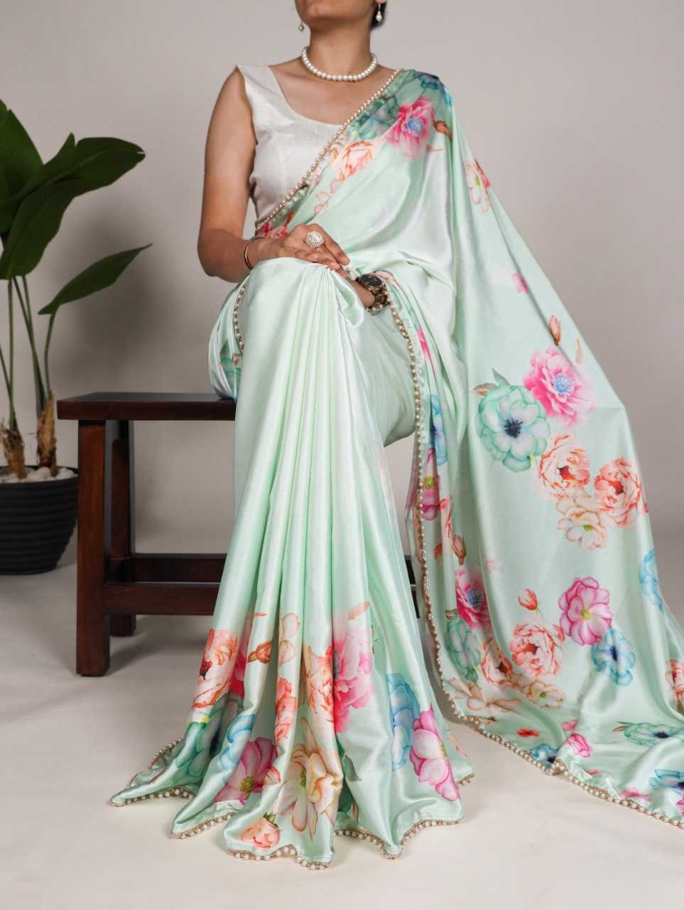 Pearl petals: Delicate satin saree