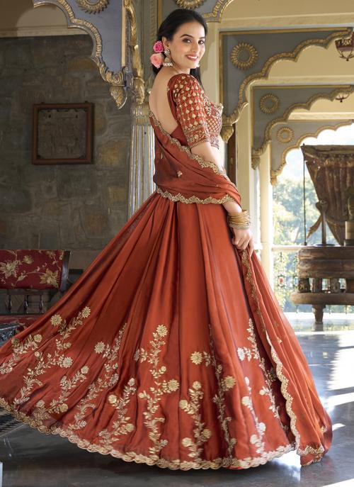 Rustique: Rust embroidered lehenga