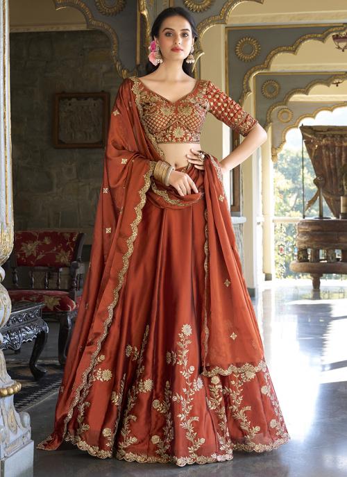 Rustique: Rust embroidered lehenga