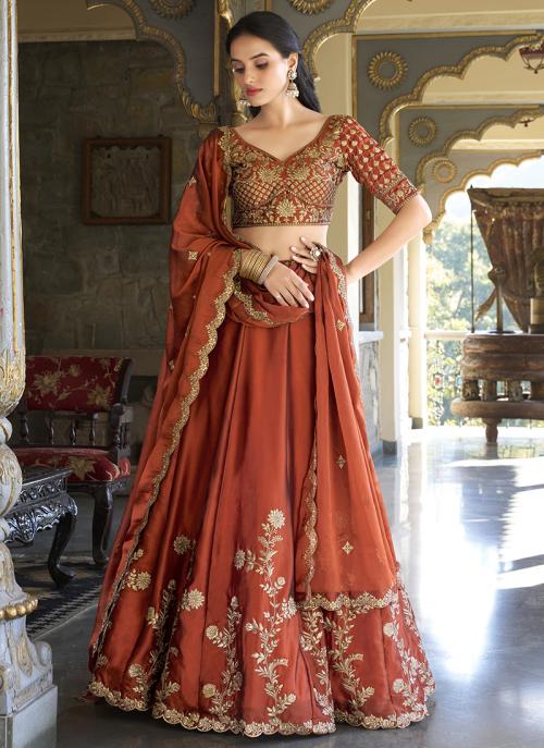 Rustique: Rust embroidered lehenga