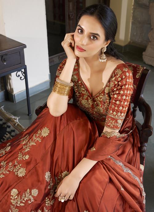 Rustique: Rust embroidered lehenga