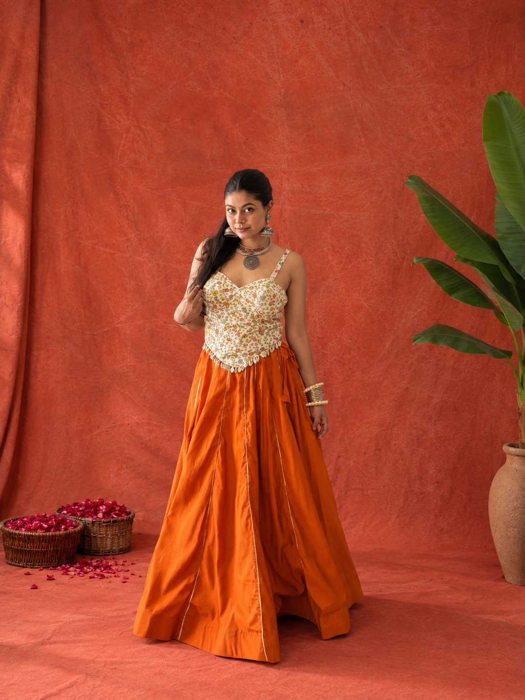 Rust-Orange Bloom Embroidered Corset & Skirt Set