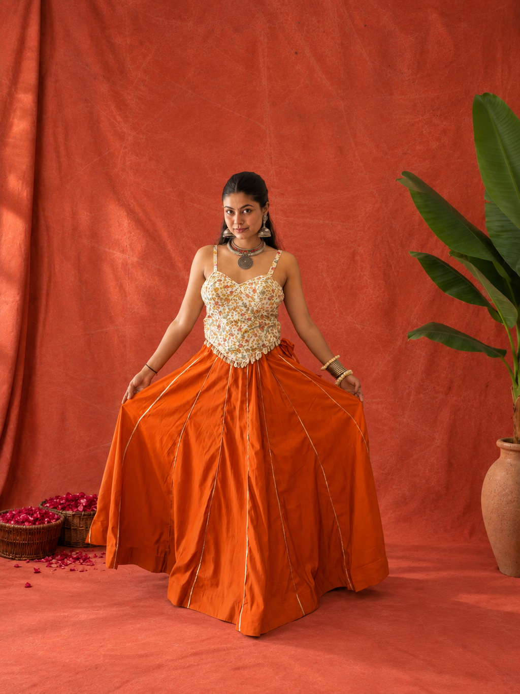Rust-Orange Bloom Embroidered Corset & Skirt Set
