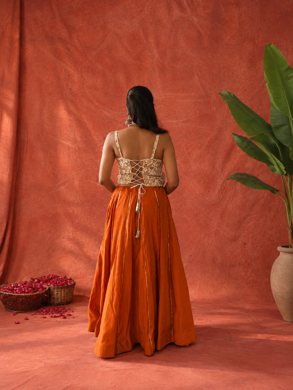 Rust-Orange Bloom Embroidered Corset & Skirt Set