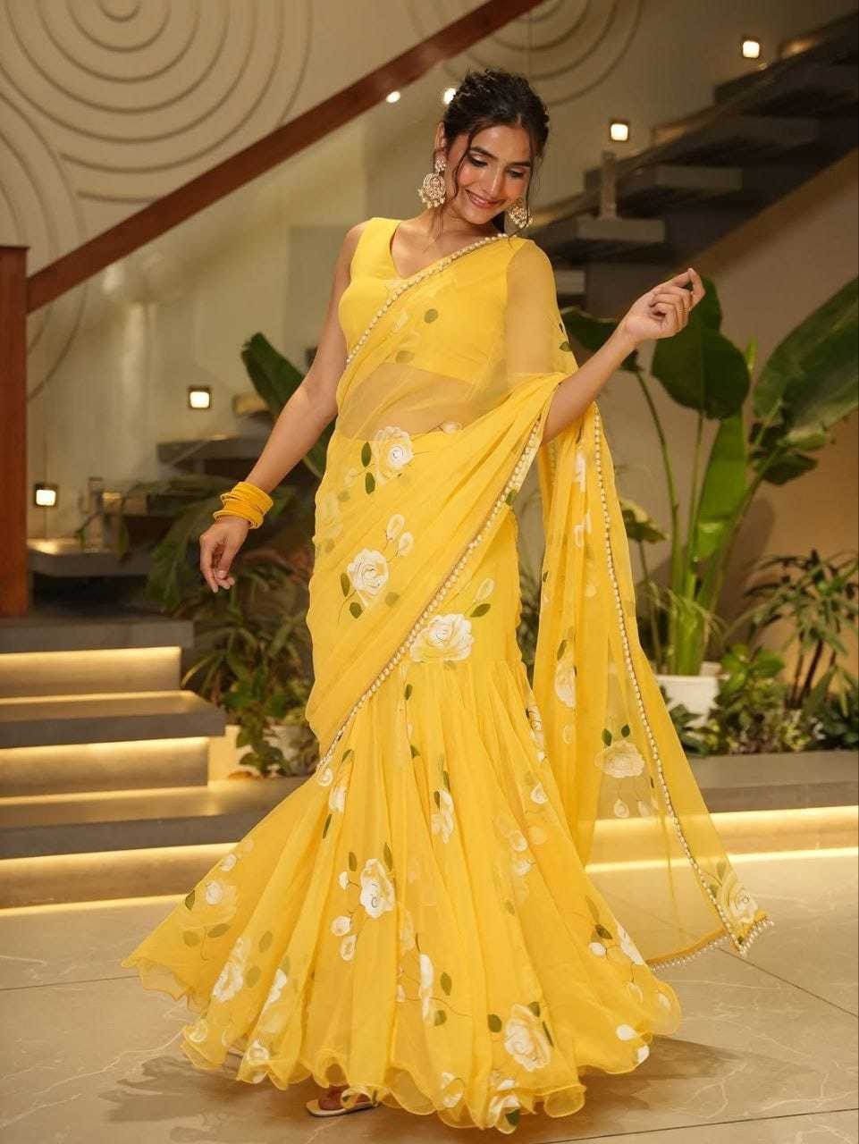 Sunshyne: Floral pre-draped saree