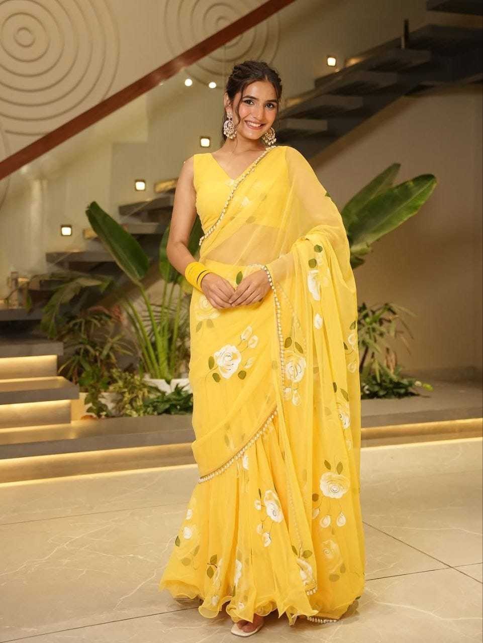 Sunshyne: Floral pre-draped saree