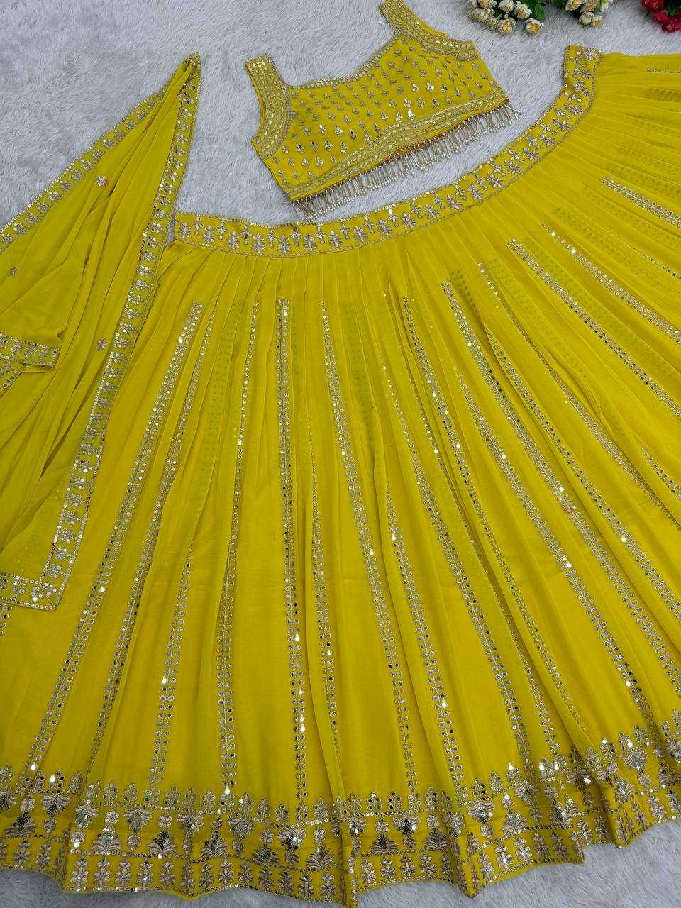 Lime Bloom: Mirrorwork Georgette Lehenga