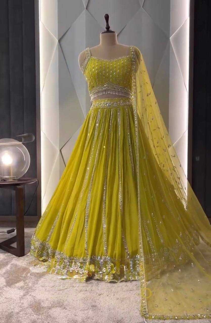 Lime Bloom: Mirrorwork Georgette Lehenga