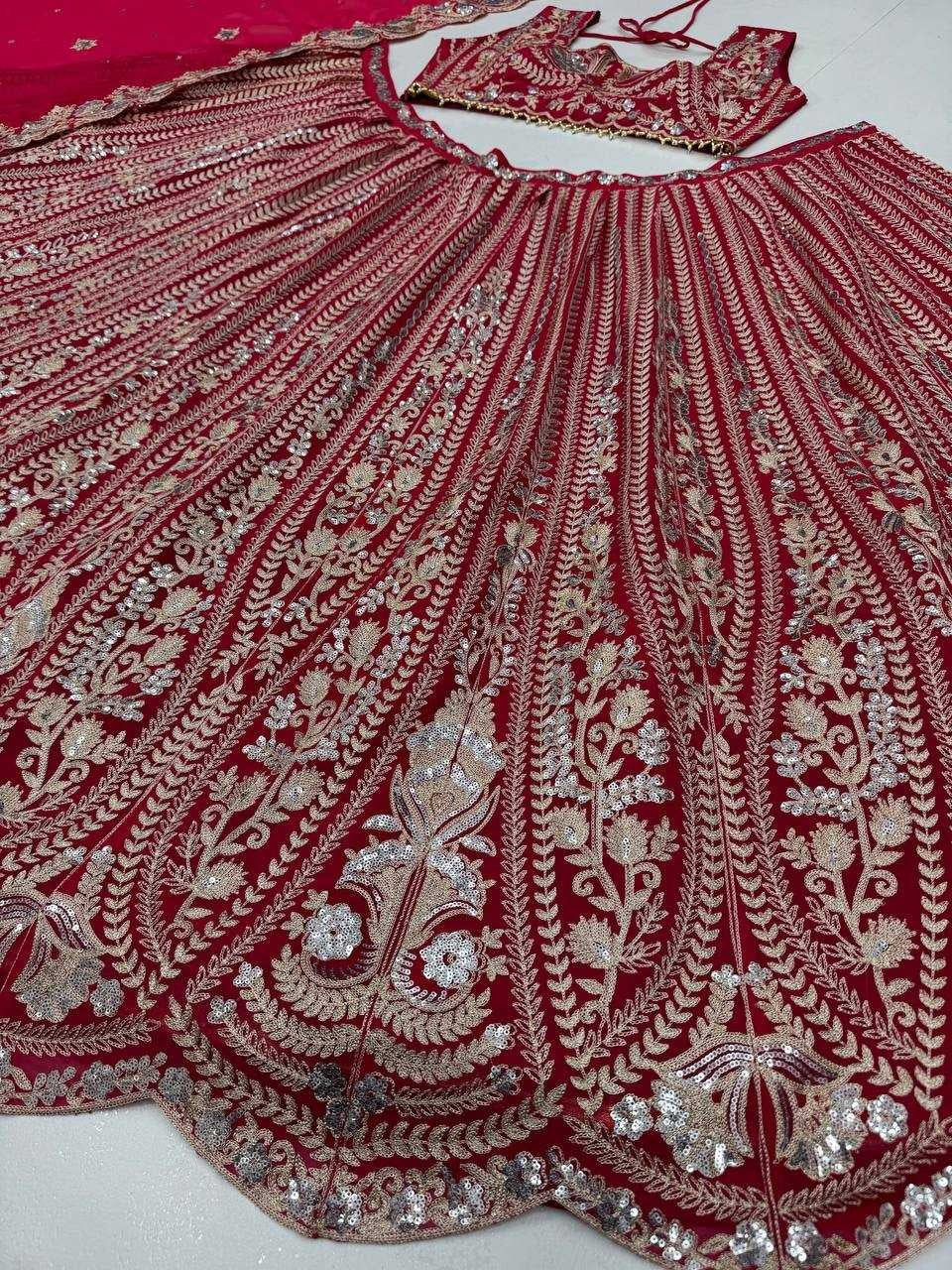 Cherry Crush: Embroidered red semi stitched lehenga