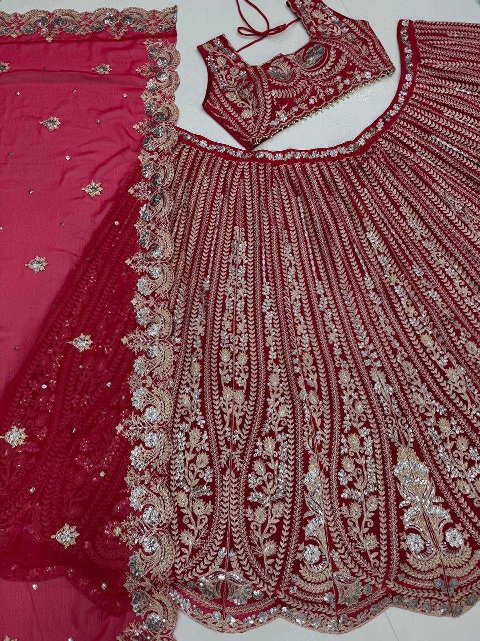 Cherry Crush: Embroidered red semi stitched lehenga
